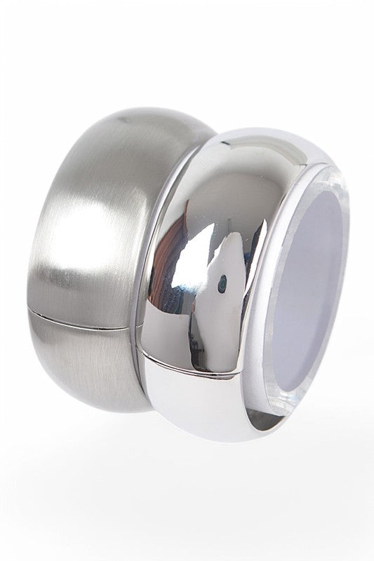 Natalia Textured 2-Piece Hinged Bangle Set in silver, featuring one polished finish and one brushed finish, wide band design.