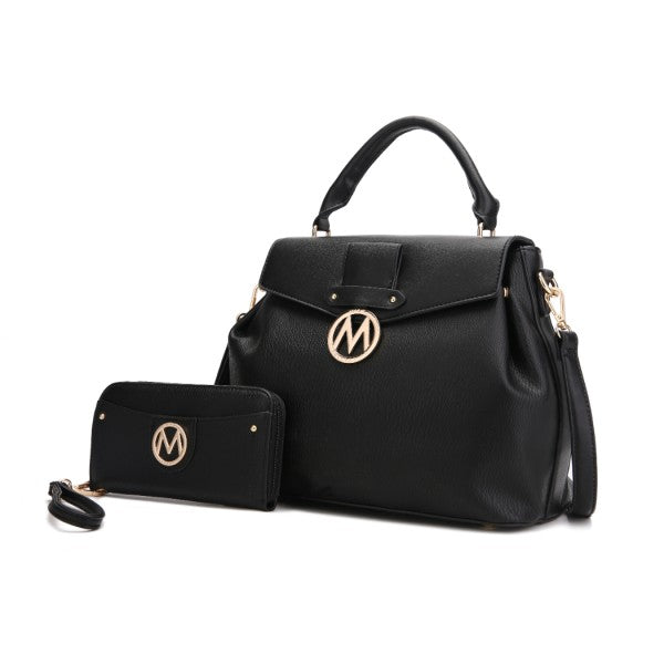 Aurora Vegan Leather Satchel & Wallet in Black with gold accents, top handles, and magnetic flap.