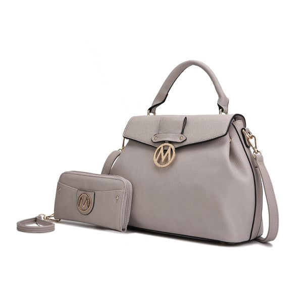 Aurora Vegan Leather Satchel & Wallet in Light Grey with gold-tone details and crossbody option.