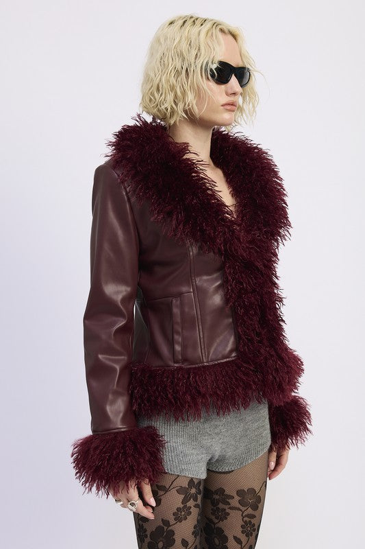 Side view of Yazmin Mix Media Jacket highlighting faux fur hem and sleek burgundy leather