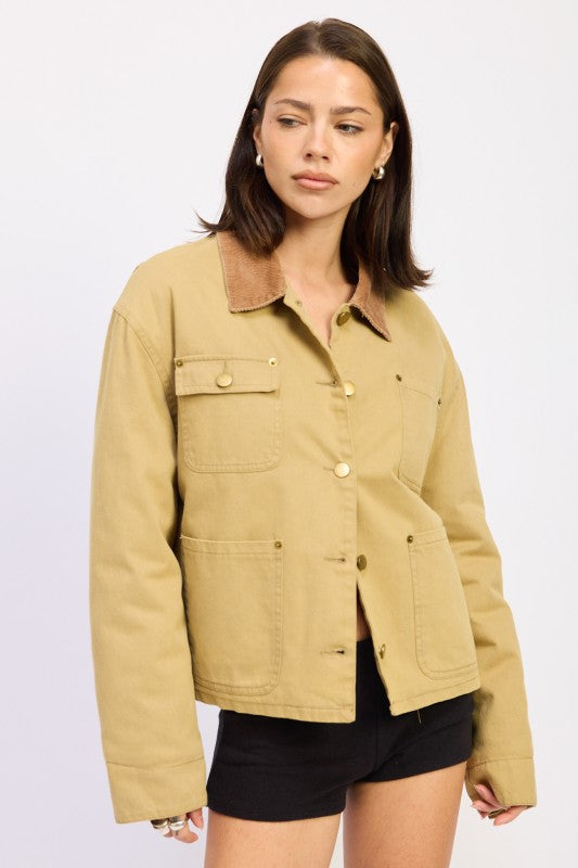 Taylor Utility Jacket khaki front view buttoned with relaxed fit