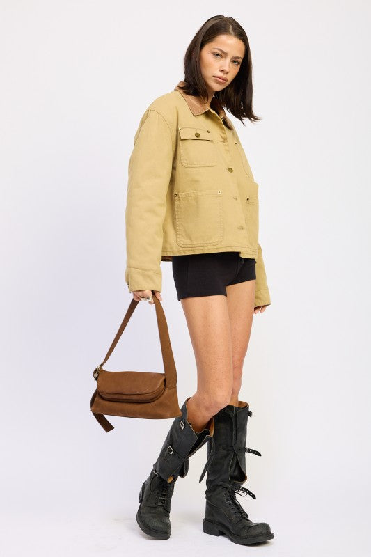 Taylor Utility Jacket khaki full body lifestyle shot with bag and boots
