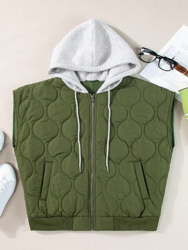 Flat lay of the Meara Oversized Puffer Vest in Olive, showing full front design, zipper detail, and gray hood.