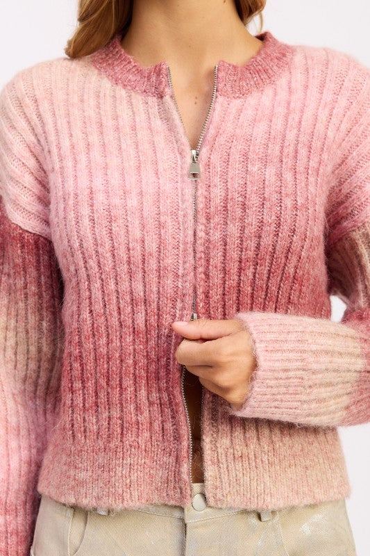 Lexi Ribbed Cardigan in rose ombré front view, ribbed knit texture visible.