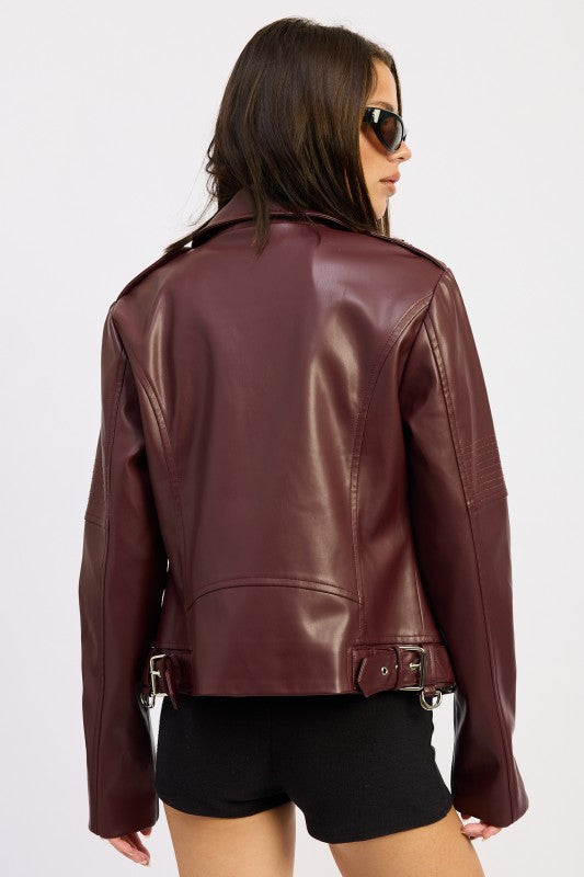 Gwen Faux Leather Biker Jacket burgundy back view with structured fit.