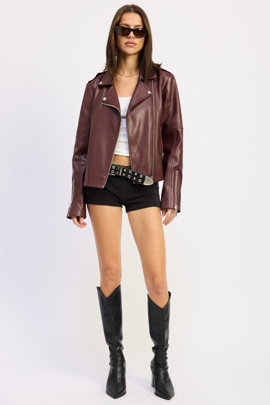 Gwen Faux Leather Biker Jacket burgundy model full body view layered over a crop top.