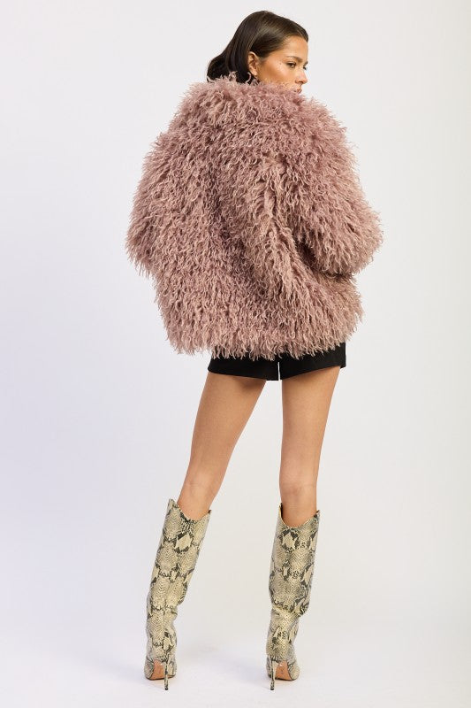 Back of Chana Shaggy Faux Fur Coat in mauve, showcasing full shaggy faux fur finish