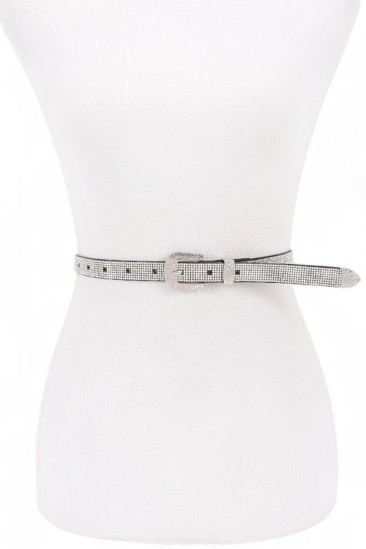 Silver Dhara Skinny Belt front view with metallic finish and silver buckle detail.