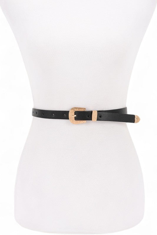 Black Dhara Skinny Belt front view with gold buckle and smooth faux leather strap.