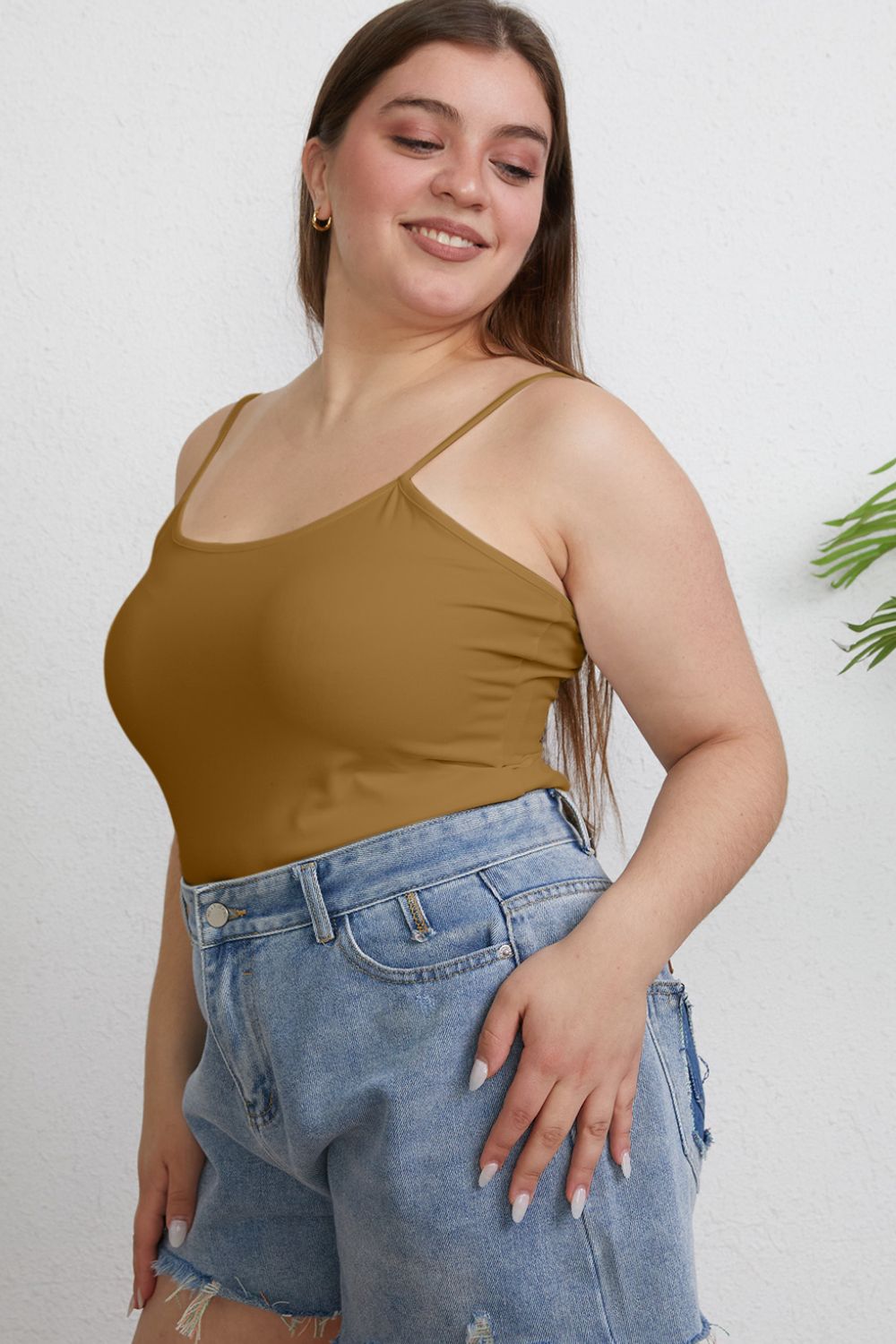 Plus size model in camel Winetta Slim Cami, side angle highlighting fit.