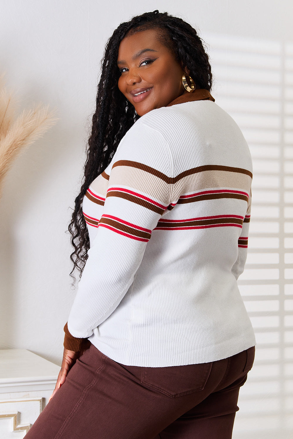 Plus size back view of striped rib-knit beige collared long sleeve top.