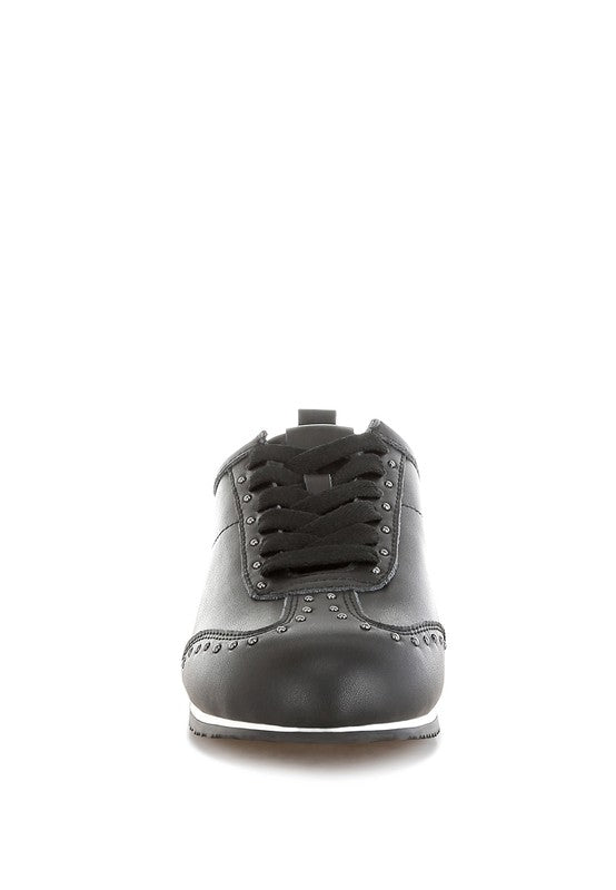 Black Odaya Studded Leather Sneakers by Rag Company, front view highlighting lace-up design and studded detailing.