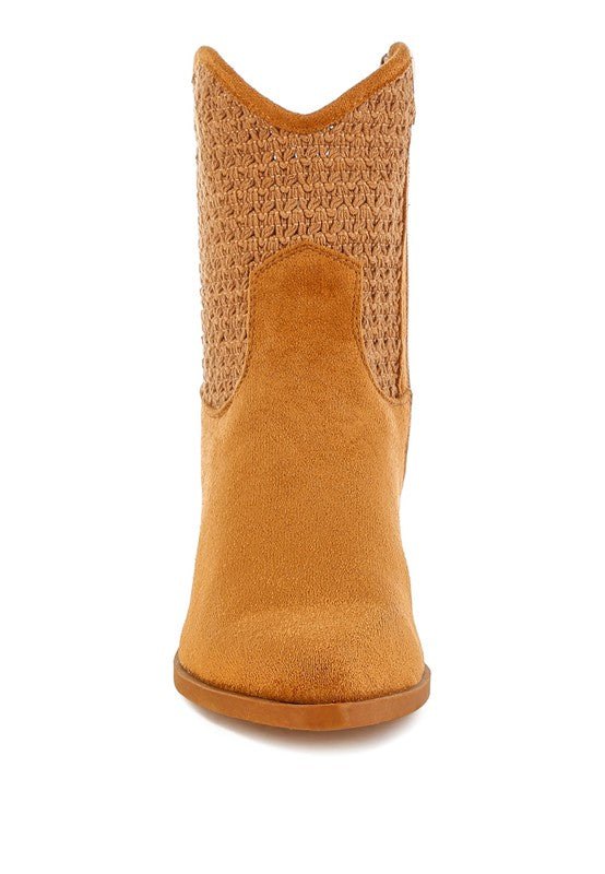 Tan Bimmy Woven Western Boots front view with pointed toe, embroidery, and smooth microfiber finish.