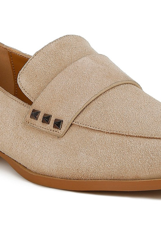 Close-up of Sand Durance Suede Loafers showing suede texture and stud accents