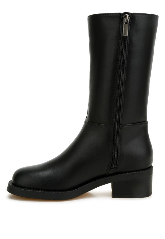 Side view of Soora Block Heel Calf Boots in black with low block heel design