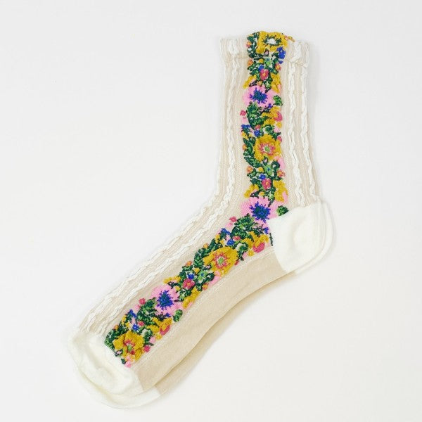 Single white Noble Floral Beauty Sock highlighting floral embroidery.