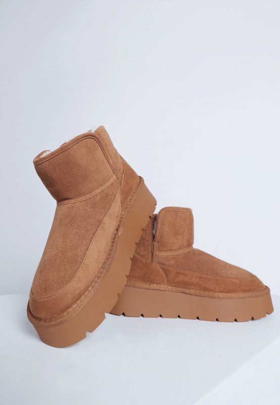 Camel Holias Chunky Heeled Snow Boots showing round toe design and soft faux suede fabric.