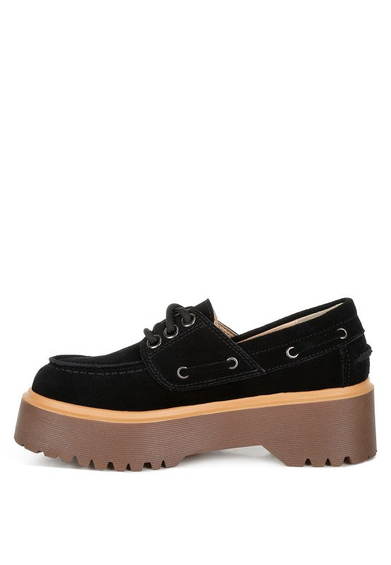 Black Cuckatoos Oxford Loafers side angle, chunky block heel and suede finish.