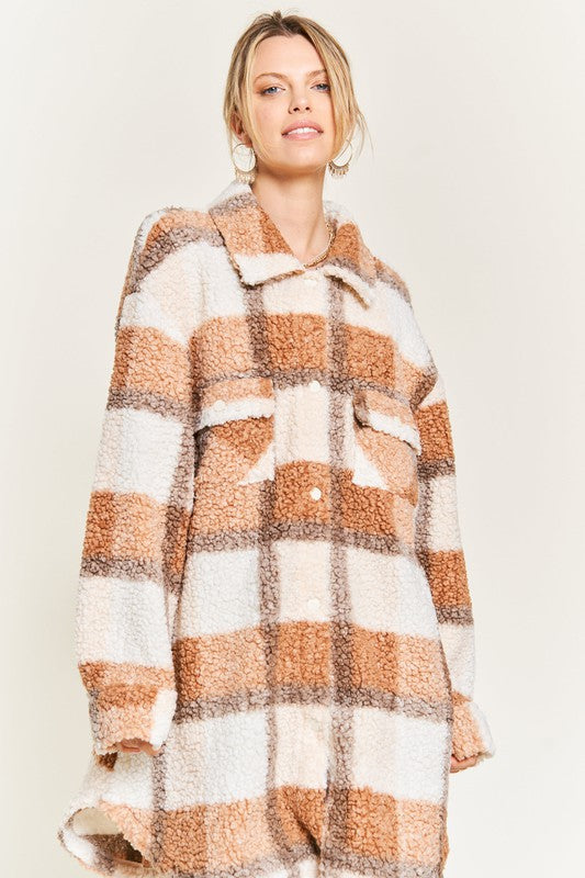 Front view of Sariya Plus Size Brown Plaid Teddy Jacket with snap button placket and oversized fit.