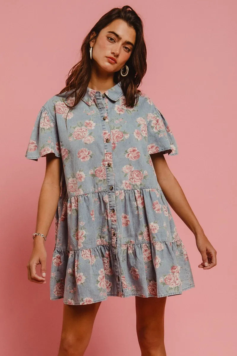 Front view of model wearing Isla Shirt Dress styled with sandals, showing button-front collar and flowing tiers.