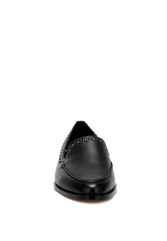 Front view of black Wolferton studded loafers showing almond toe design