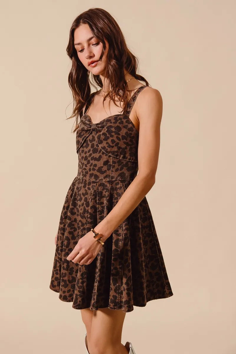 Roxanne Leopard Flare Cami Dress with mineral-washed leopard print, flared silhouette, and neckline.