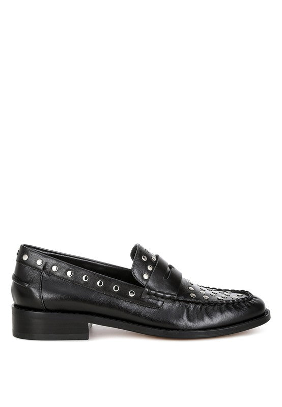 Side view of Black Oglavia Studded Leather Loafers with studded penny strap and cushioned insole.
