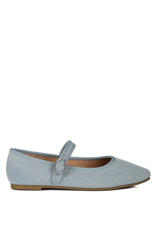 Iker Denim Ballerinas - Pin Buckle, Cushioned Insole, Flat Heel