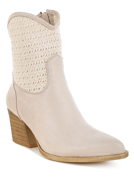 Beige Bimmy Woven Western Boots front angle highlighting pointed toe, woven embroidery, and stacked flared heel.