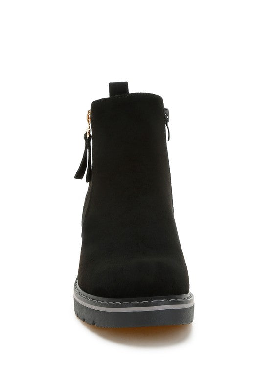 Front view of Black Tigris Microfiber Zipper Boots showing round toe and tassel zipper detail.