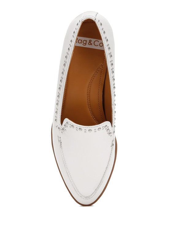 Top view of white Wolferton studded leather loafers