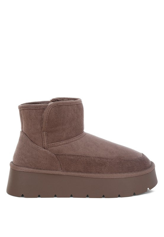 Side angle of Dark Grey Holias Chunky Heeled Snow Boots with faux suede finish, panel detail, and chunky sole.