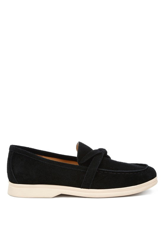 Nautica black suede loafers, side profile highlighting mock stitch detail.