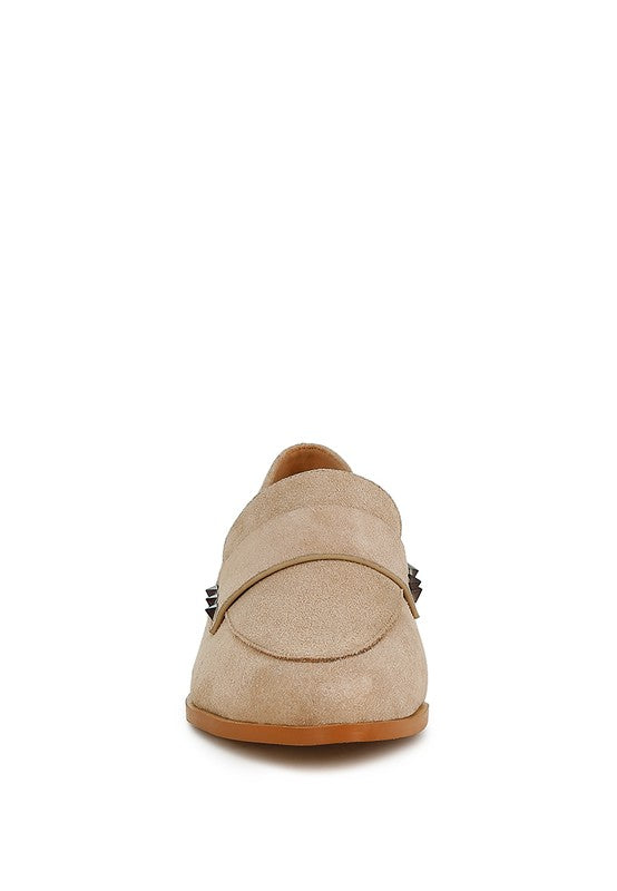 Sand Durance Suede Loafers front view highlighting almond toe and stud detail