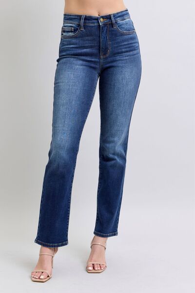 Carson Straight Leg Jeans in dark wash with mid rise, front pockets, and flattering straight silhouette.