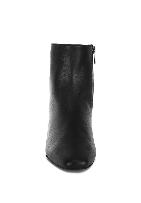 Trendy Obita Leather Ankle Boots in black with flared heel for all-day wear.