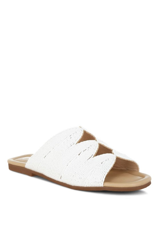Front angle view of white Daisy Doe raffia flat showcasing the open square toe and elegant cut work design.