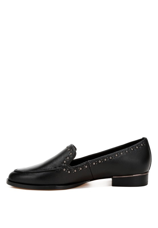 Side profile of black Wolferton studded leather loafers