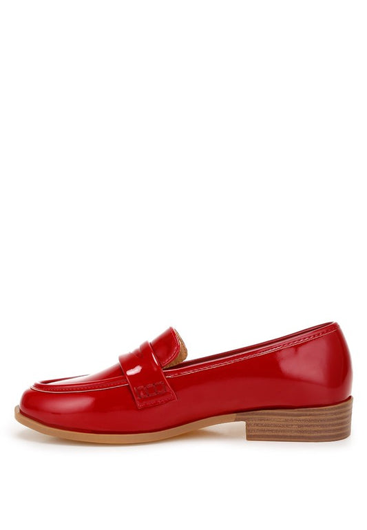 Medial view of Red Avery Patent Loafers highlighting vegan leather finish and cushioned insole.