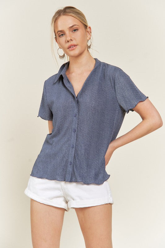 Denim blue Tilda shirt styled with shorts, casual fall look
