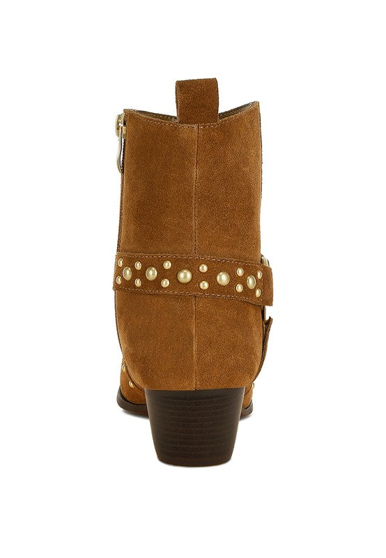 Rodeo Studded Suede Ankle Boots Taupe back view with pull tab and suede texture