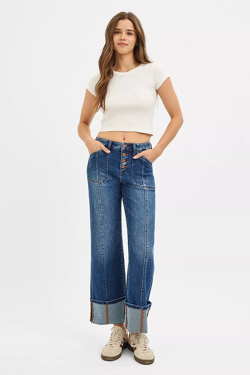 Aubrey High Rise Cuffed Jeans full body view styled with sneakers