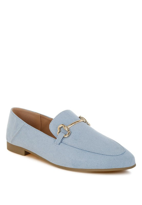 Light Blue Noltas Flat Loafers with metallic horsebit and classic loafer silhouette.