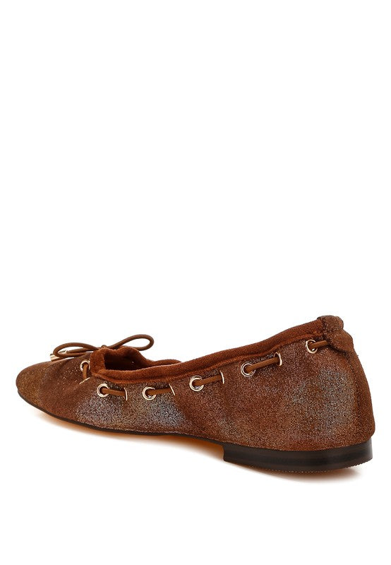 Back side angle view of Darlow Drawstring Bow Ballerinas in brown with bow detail