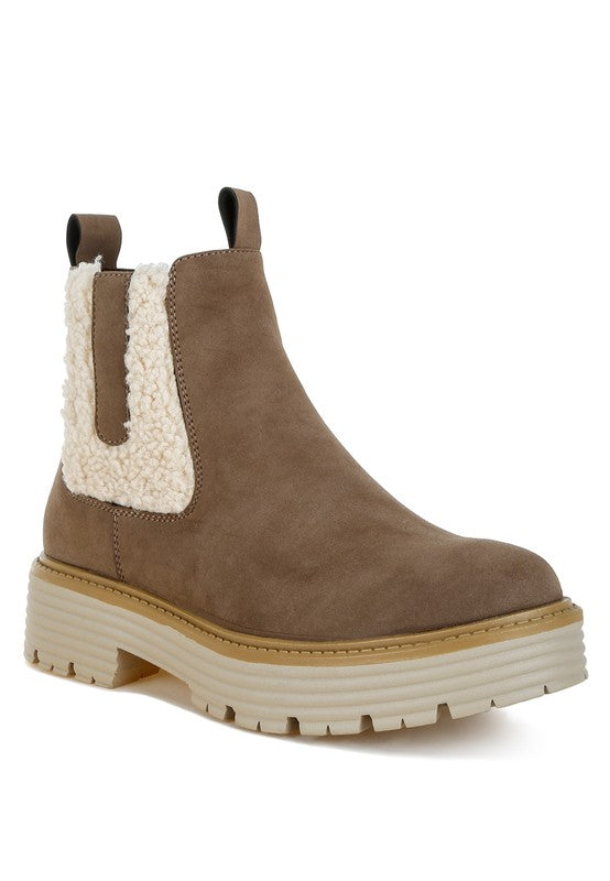 Front angle of Taupe Mothman Chunky Ankle Boots with faux fur trim and chunky block heel.