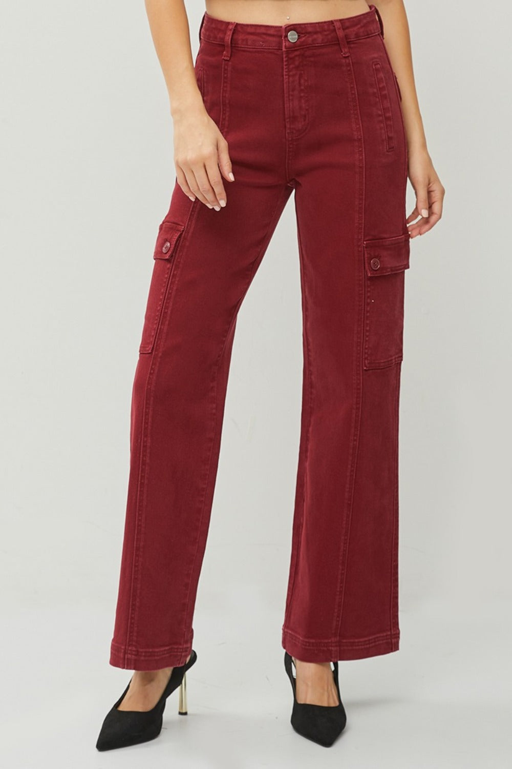 Front view showcasing Rafaela wide leg cargo jeans in wine with functional pockets and slight stretch.