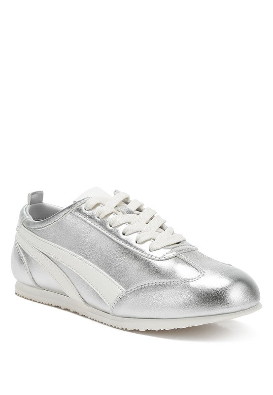 Montek Silver Metallic Sneakers - Vegan Leather, Cushioned Insole, Lace-Up