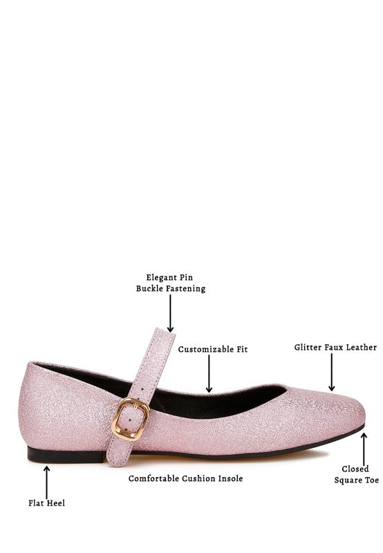 Infographic of pink glitter ballerinas with square toe, glitter finish, and pin strap.