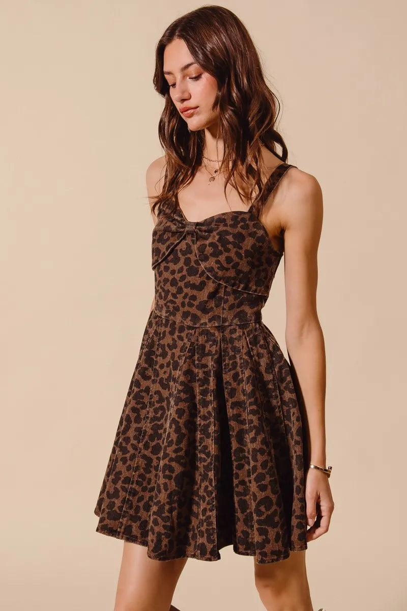 Roxanne Leopard Flare Cami Dress with sweetheart neckline, adjustable straps, and flowing A-line skirt.