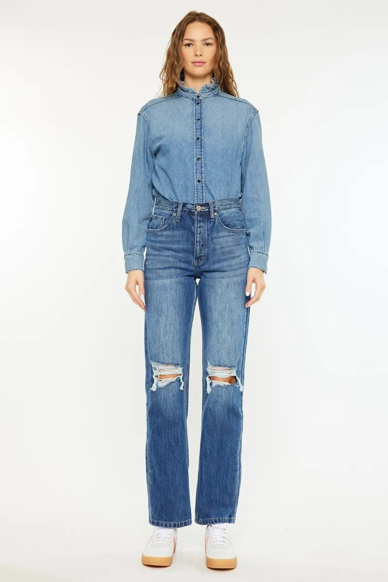 Full front view of Scottie Boyfriend Jeans with classic pockets, high rise waist, and medium wash denim.